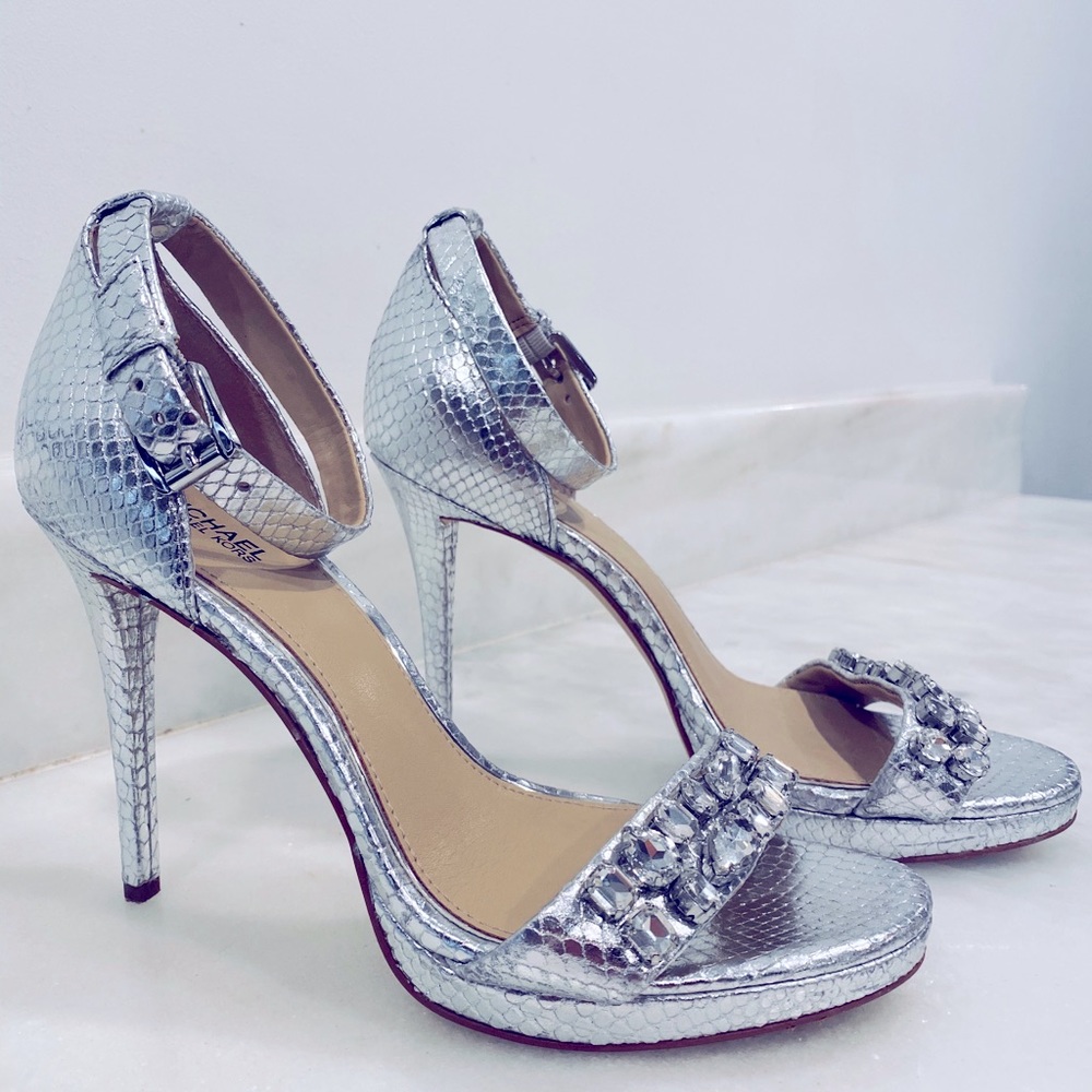 Micheal Kors silver snake skin embellished heels 8